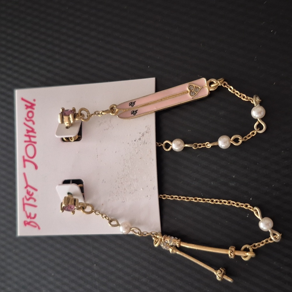 Betsey Johnson Gold and Pink Ski Earrings